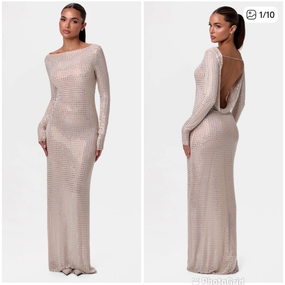 Naked Wardrobe Cream Backless Long Sleeve Dress sparkly crystals